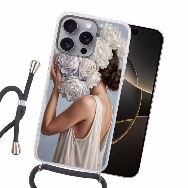 Bloemen - Vrouw - Wit Hoesje iPhone 16 Pro Max met koord klein -sfeer1