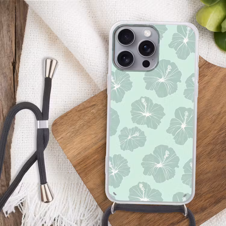 Bloemen - Hibiscus - Mint Hoesje iPhone 16 Pro Max met koord klein 804 -sfeer4