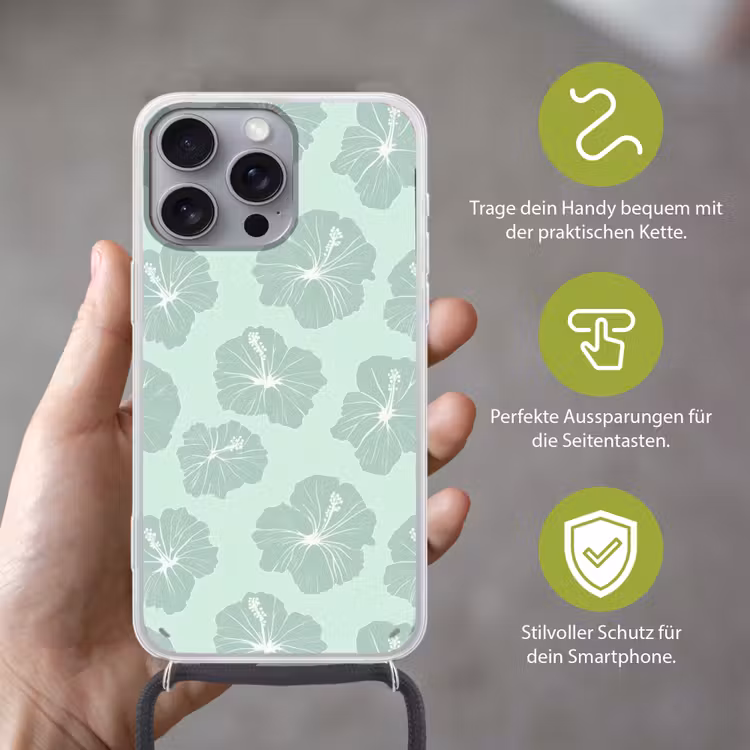 Bloemen - Hibiscus - Mint Hoesje iPhone 16 Pro Max met koord klein 804 -sfeer2_DE