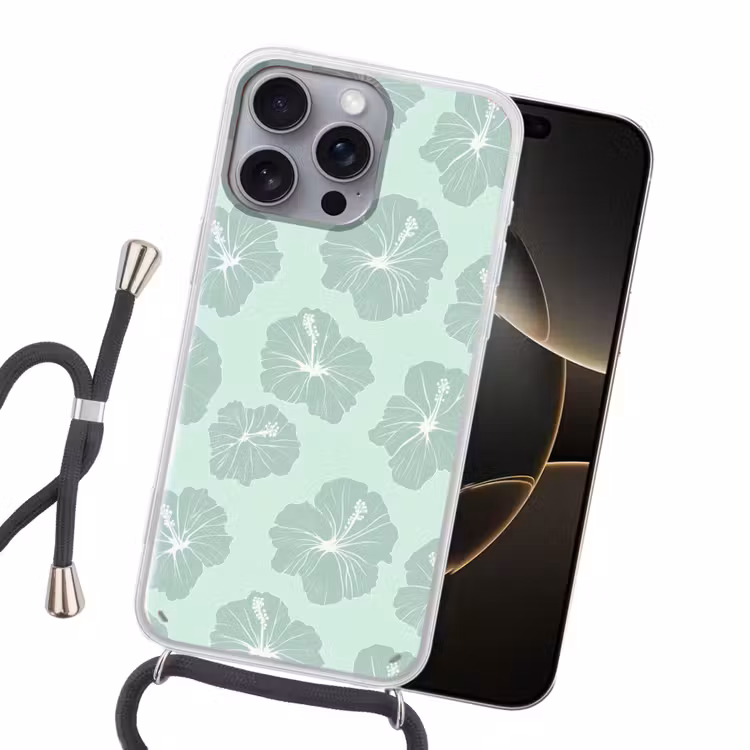 Bloemen - Hibiscus - Mint Hoesje iPhone 16 Pro Max met koord klein 804 -sfeer1