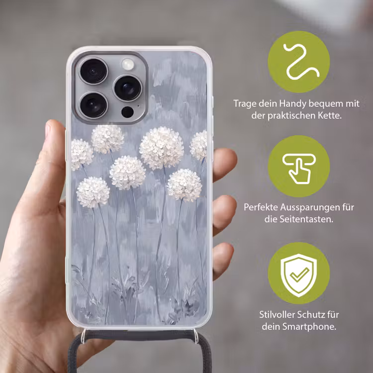 Bloemen - Illustratie - Blauw Hoesje iPhone 16 Pro Max met koord klein -sfeer2_DE