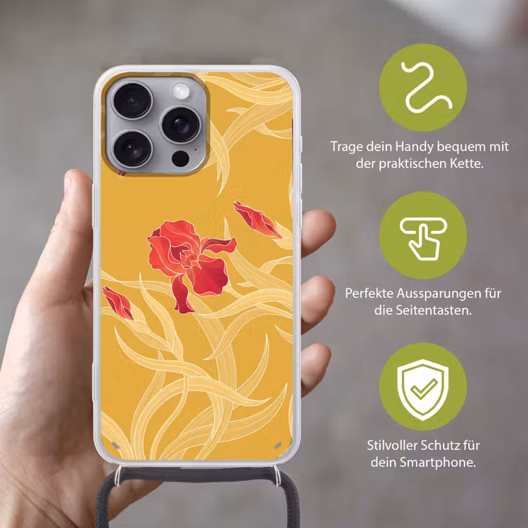 Handyhülle mit Band - Blumen – Illustration – Rot - Bloemen - Illustratie - Rood Hoesje iPhone 16 Pro Max met koord klein
