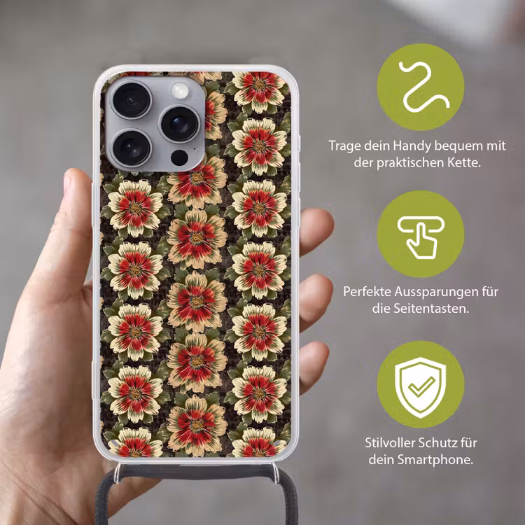 Bloemen - Klassiek - Patroon - Rood Hoesje iPhone 16 Pro Max met koord klein 804 -sfeer2_DE