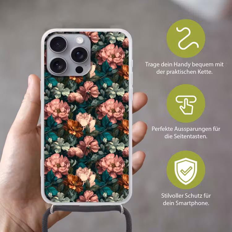 Bloemen - Schilderachtig - Patroon - Roze Hoesje iPhone 16 Pro Max met koord klein 804 -sfeer2_DE