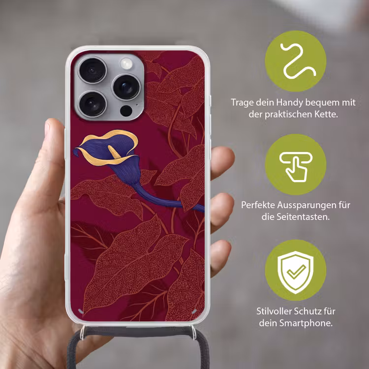 Handyhülle mit Band - Blumen – Modern – Lila - Bloemen - Modern - Paars Hoesje iPhone 16 Pro Max met koord klein