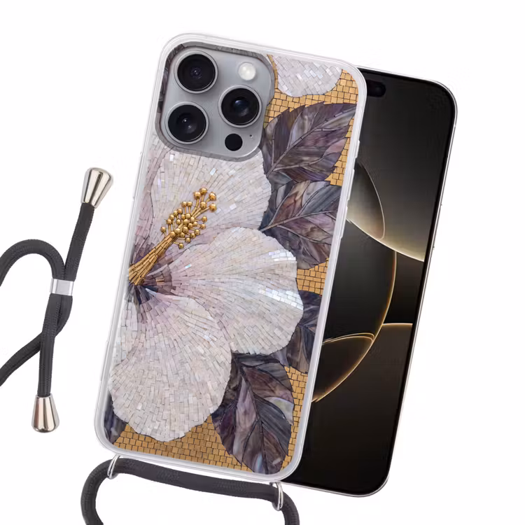 Bloemen - Mozaïek - Kunst - Modern - Goud Hoesje iPhone 16 Pro Max met koord klein -sfeer1