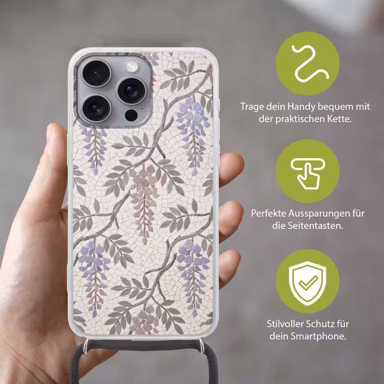 Bloemen - Mozaïek - Natuur - Patroon - Paars Hoesje iPhone 16 Pro Max met koord klein -sfeer2_DE