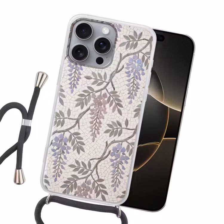 Bloemen - Mozaïek - Natuur - Patroon - Paars Hoesje iPhone 16 Pro Max met koord klein -sfeer1