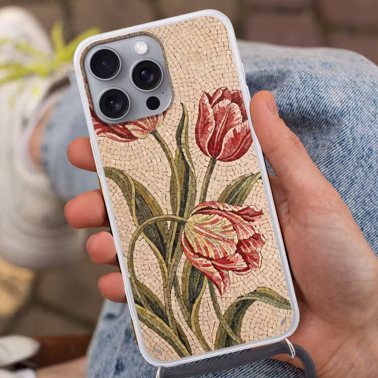 Bloemen - Mozaïek - Rood - Groen - Kunst Hoesje iPhone 16 Pro Max met koord klein -sfeer3
