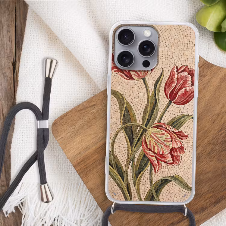 Bloemen - Mozaïek - Rood - Groen - Kunst Hoesje iPhone 16 Pro Max met koord klein -sfeer4