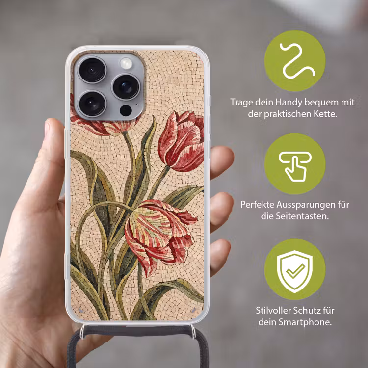 Bloemen - Mozaïek - Rood - Groen - Kunst Hoesje iPhone 16 Pro Max met koord klein -sfeer2_DE