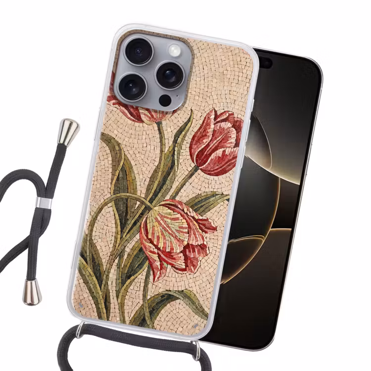 Bloemen - Mozaïek - Rood - Groen - Kunst Hoesje iPhone 16 Pro Max met koord klein -sfeer1
