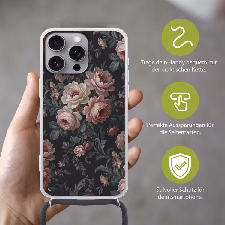 Bloemen - Patroon - Sierlijk - Roze - Donker Hoesje iPhone 16 Pro Max met koord klein -sfeer2_DE