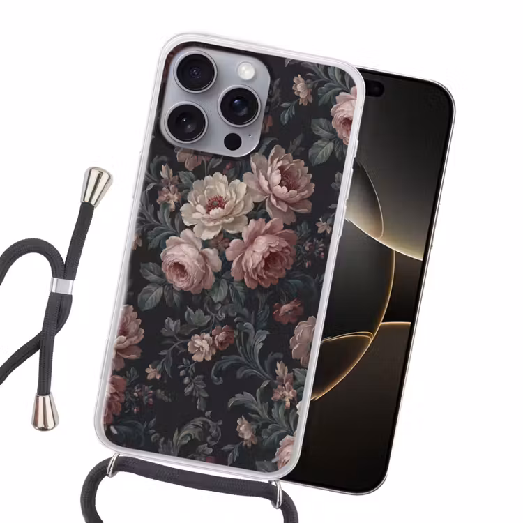 Bloemen - Patroon - Sierlijk - Roze - Donker Hoesje iPhone 16 Pro Max met koord klein -sfeer1