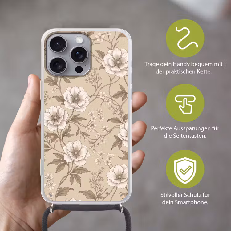 Bloemen - Patroon - Beige Hoesje iPhone 16 Pro Max met koord klein -sfeer2_DE