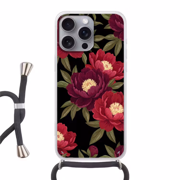 Bloemen - Patroon - Botanisch - Rood - Zwart Hoesje iPhone 16 Pro Max met koord klein -3d