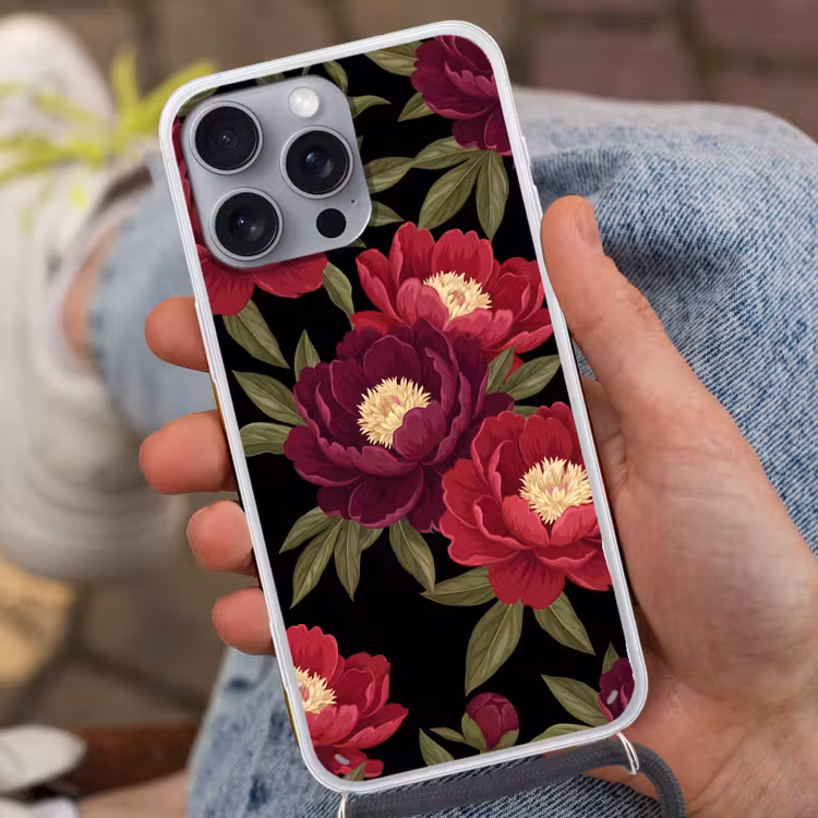 Bloemen - Patroon - Botanisch - Rood - Zwart Hoesje iPhone 16 Pro Max met koord klein -sfeer3