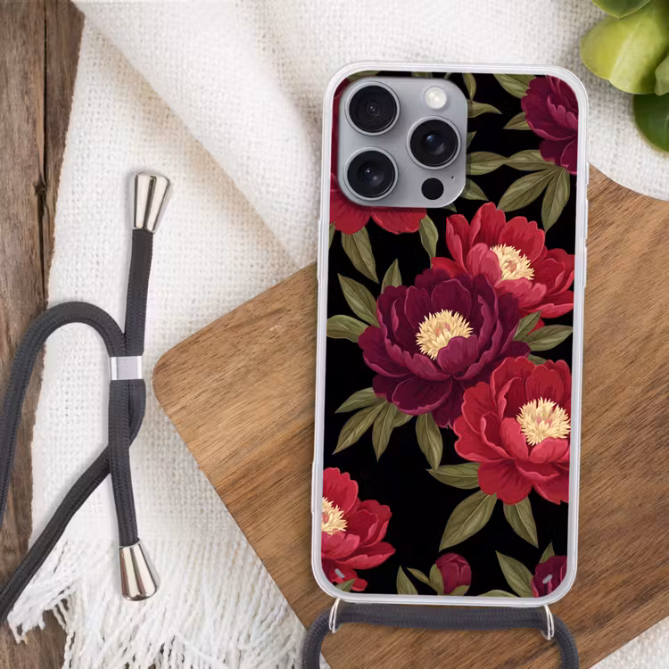 Bloemen - Patroon - Botanisch - Rood - Zwart Hoesje iPhone 16 Pro Max met koord klein -sfeer4