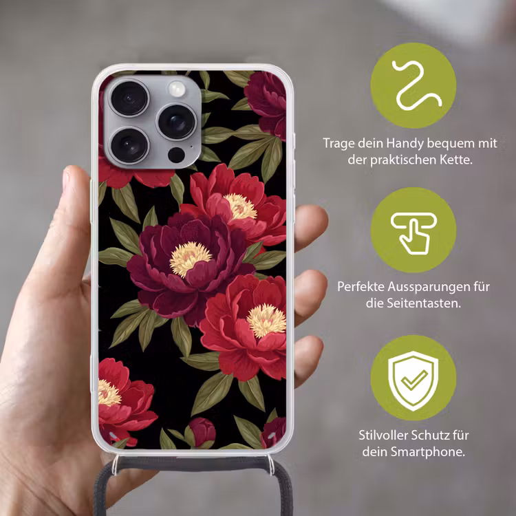 Bloemen - Patroon - Botanisch - Rood - Zwart Hoesje iPhone 16 Pro Max met koord klein -sfeer2_DE