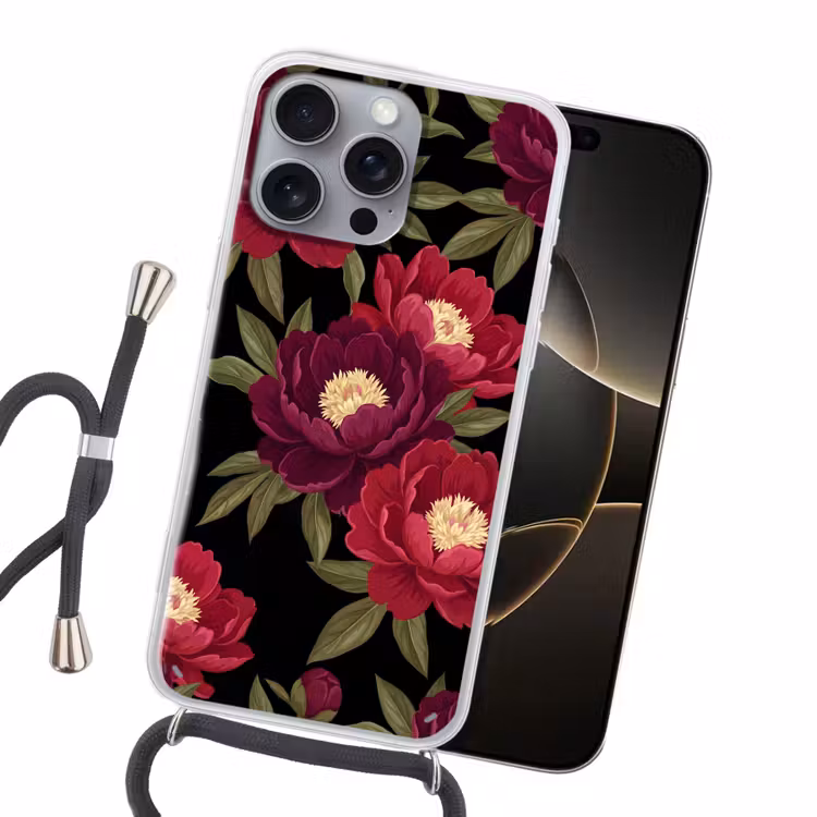 Bloemen - Patroon - Botanisch - Rood - Zwart Hoesje iPhone 16 Pro Max met koord klein -sfeer1