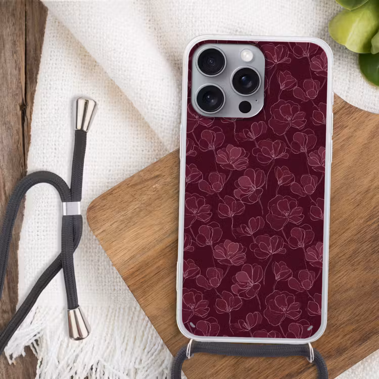 Bloemen - Patroon - Bordeauxrood Hoesje iPhone 16 Pro Max met koord klein 804 -sfeer4