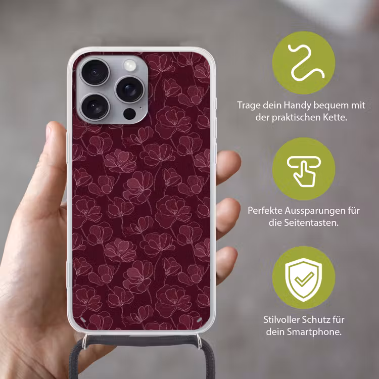 Bloemen - Patroon - Bordeauxrood Hoesje iPhone 16 Pro Max met koord klein 804 -sfeer2_DE