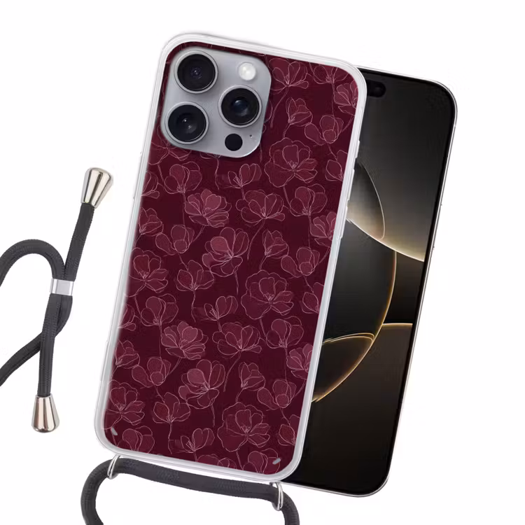 Bloemen - Patroon - Bordeauxrood Hoesje iPhone 16 Pro Max met koord klein 804 -sfeer1