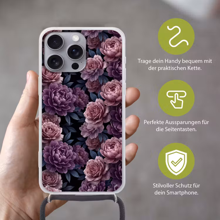 Bloemen - Patroon - Donker - Botanisch - Paars Hoesje iPhone 16 Pro Max met koord klein -sfeer2_DE