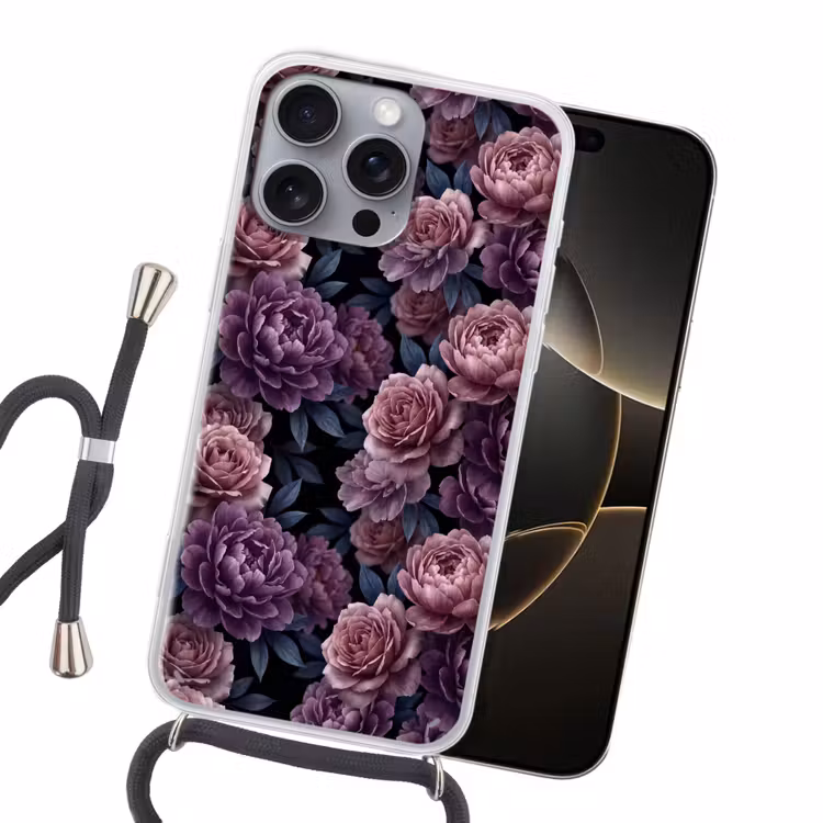 Bloemen - Patroon - Donker - Botanisch - Paars Hoesje iPhone 16 Pro Max met koord klein -sfeer1