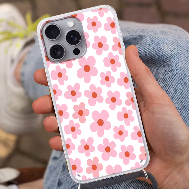 Bloemen - Patroon - Modern - Roze - Wit Hoesje iPhone 16 Pro Max met koord klein -sfeer3
