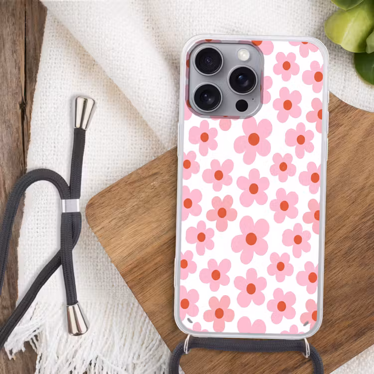 Bloemen - Patroon - Modern - Roze - Wit Hoesje iPhone 16 Pro Max met koord klein -sfeer4
