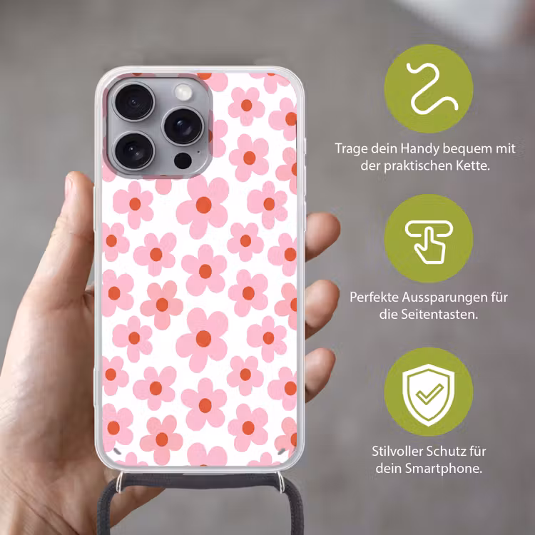 Bloemen - Patroon - Modern - Roze - Wit Hoesje iPhone 16 Pro Max met koord klein -sfeer2_DE