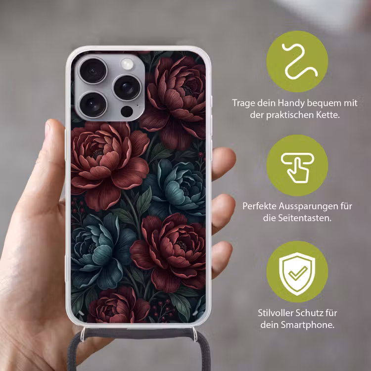 Bloemen - Patroon - Natuur - Klassiek - Donker Hoesje iPhone 16 Pro Max met koord klein -sfeer2_DE