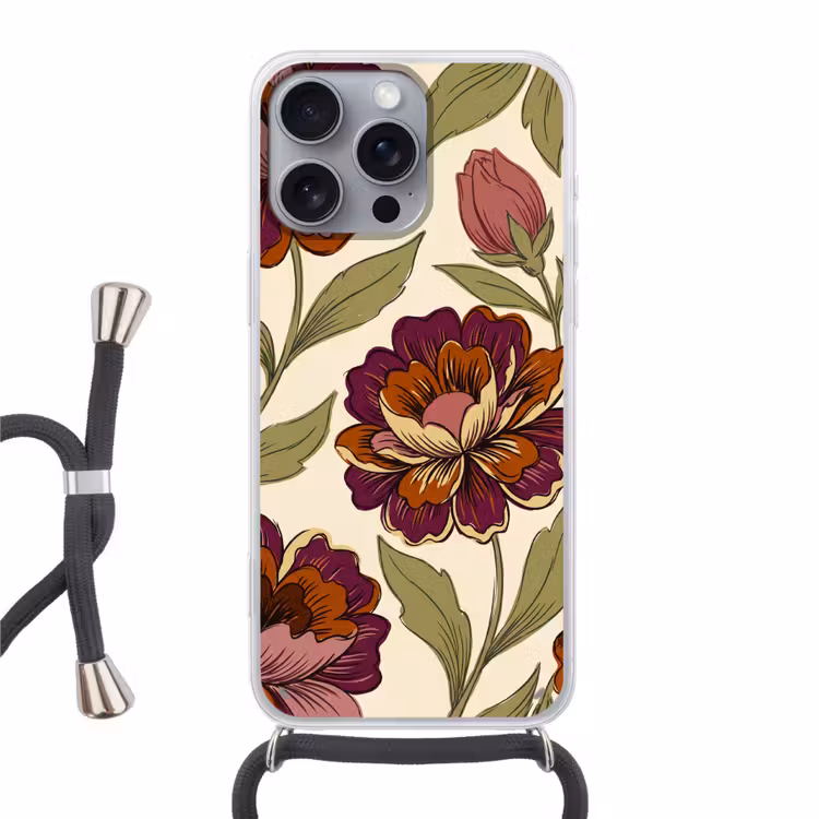Bloemen - Patroon - Natuur - Modern - Paars Hoesje iPhone 16 Pro Max met koord klein -3d