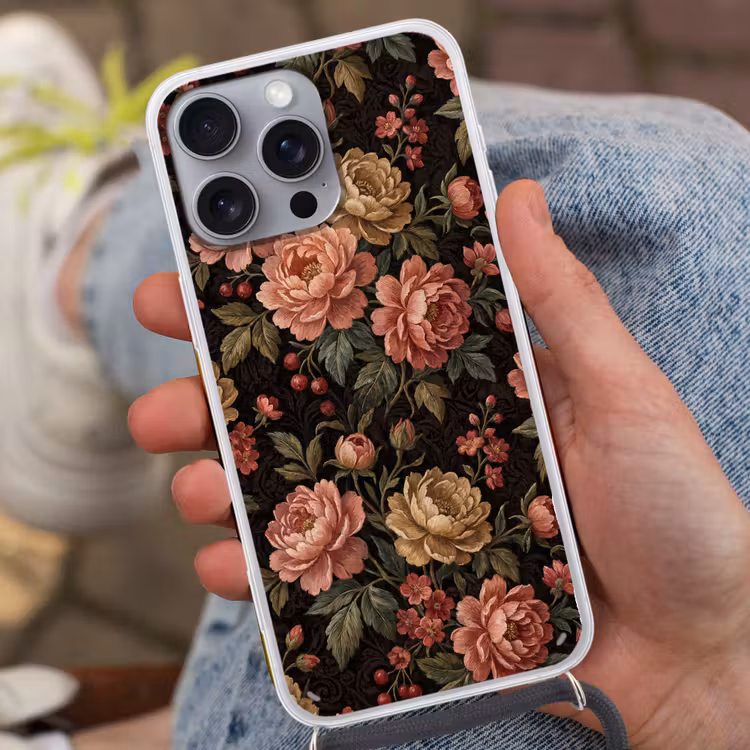 Bloemen - Patroon - Natuur - Vintage - Roze Hoesje iPhone 16 Pro Max met koord klein -sfeer3