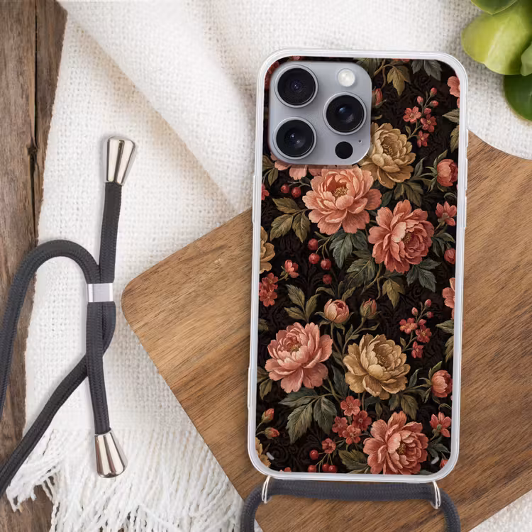 Bloemen - Patroon - Natuur - Vintage - Roze Hoesje iPhone 16 Pro Max met koord klein -sfeer4