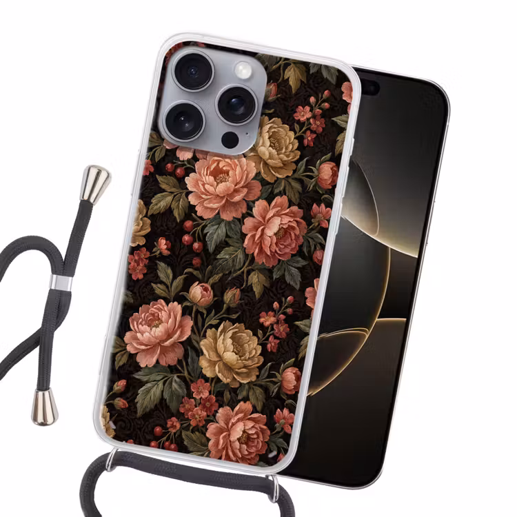 Bloemen - Patroon - Natuur - Vintage - Roze Hoesje iPhone 16 Pro Max met koord klein -sfeer1