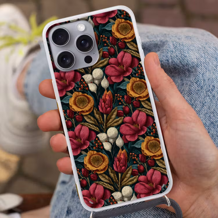 Bloemen - Patroon - Rood - Goud Hoesje iPhone 16 Pro Max met koord klein 804 -sfeer3