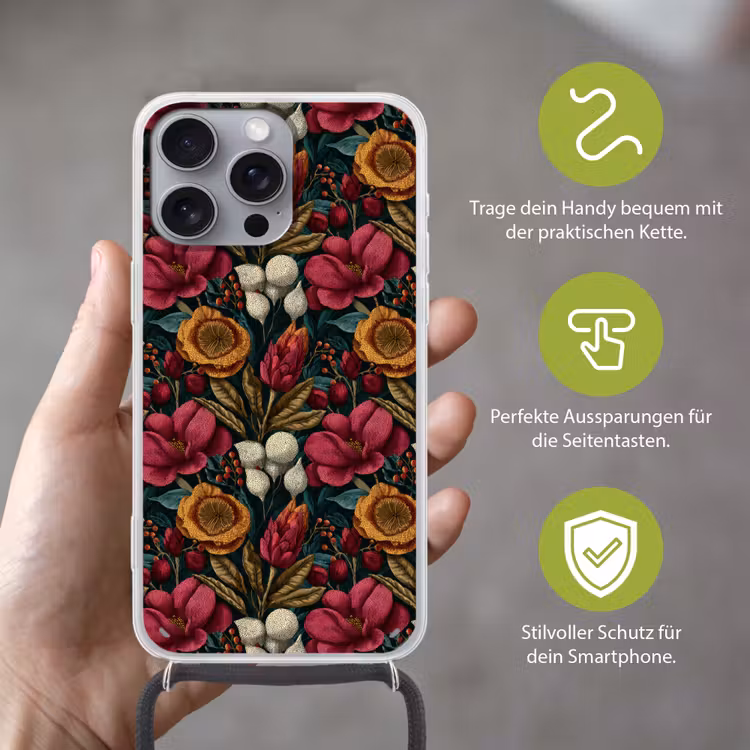 Bloemen - Patroon - Rood - Goud Hoesje iPhone 16 Pro Max met koord klein 804 -sfeer2_DE
