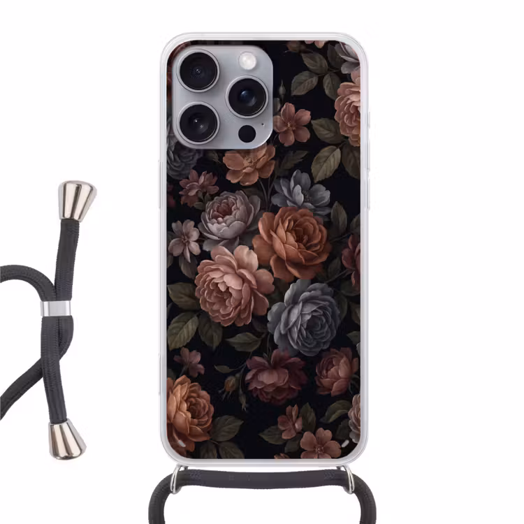 Bloemen - Patroon - Vintage - Donker - Roze Hoesje iPhone 16 Pro Max met koord klein -3d