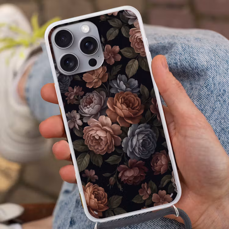 Bloemen - Patroon - Vintage - Donker - Roze Hoesje iPhone 16 Pro Max met koord klein -sfeer3