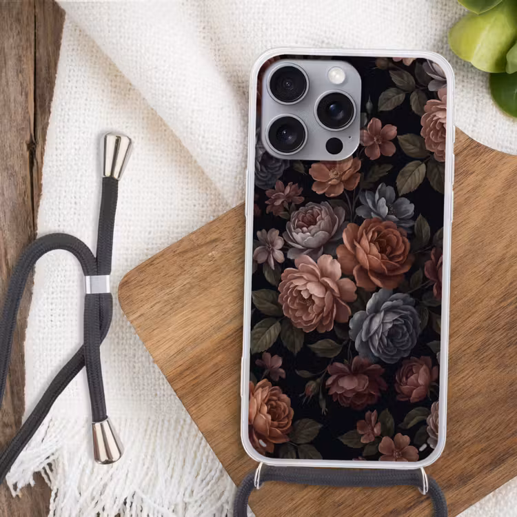 Bloemen - Patroon - Vintage - Donker - Roze Hoesje iPhone 16 Pro Max met koord klein -sfeer4
