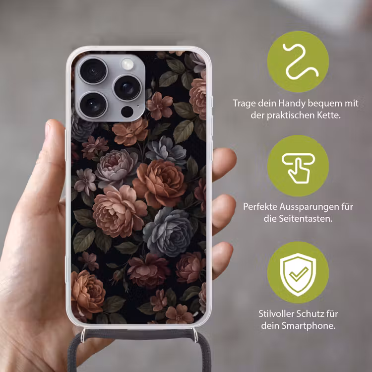 Bloemen - Patroon - Vintage - Donker - Roze Hoesje iPhone 16 Pro Max met koord klein -sfeer2_DE