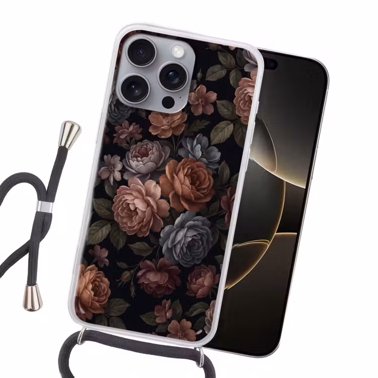 Bloemen - Patroon - Vintage - Donker - Roze Hoesje iPhone 16 Pro Max met koord klein -sfeer1