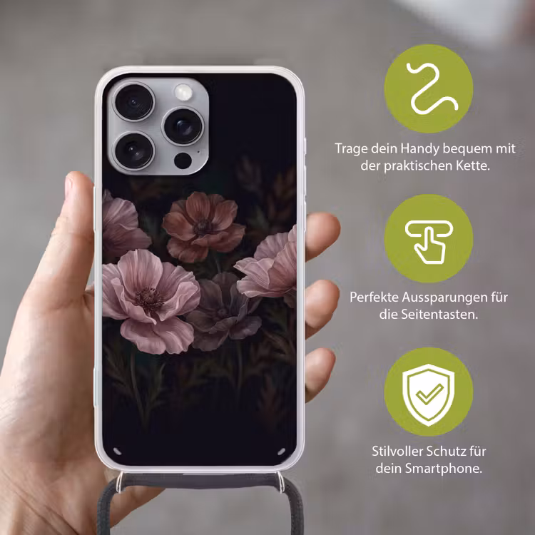 Bloemen - Natuur - Roze - Donker - Modern Hoesje iPhone 16 Pro Max met koord klein -sfeer2_DE