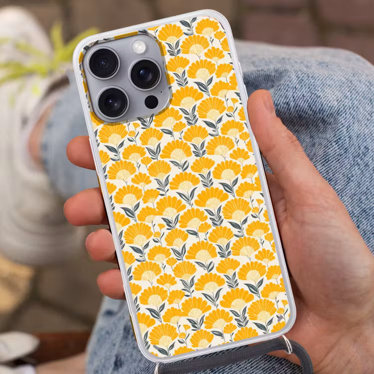 Bloemen - Retro - Botanisch - Okergeel - Grijs Hoesje iPhone 16 Pro Max met koord klein 804 -sfeer3