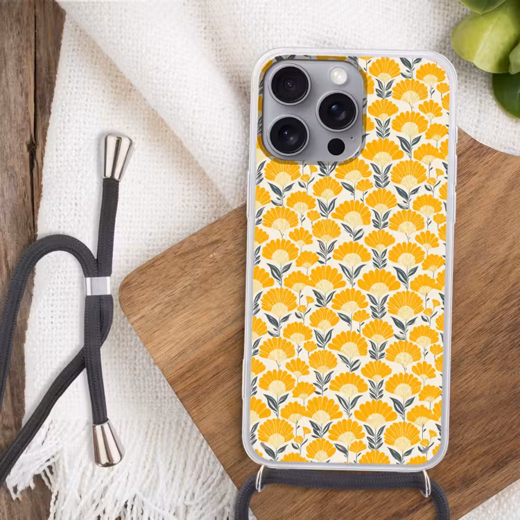 Bloemen - Retro - Botanisch - Okergeel - Grijs Hoesje iPhone 16 Pro Max met koord klein 804 -sfeer4