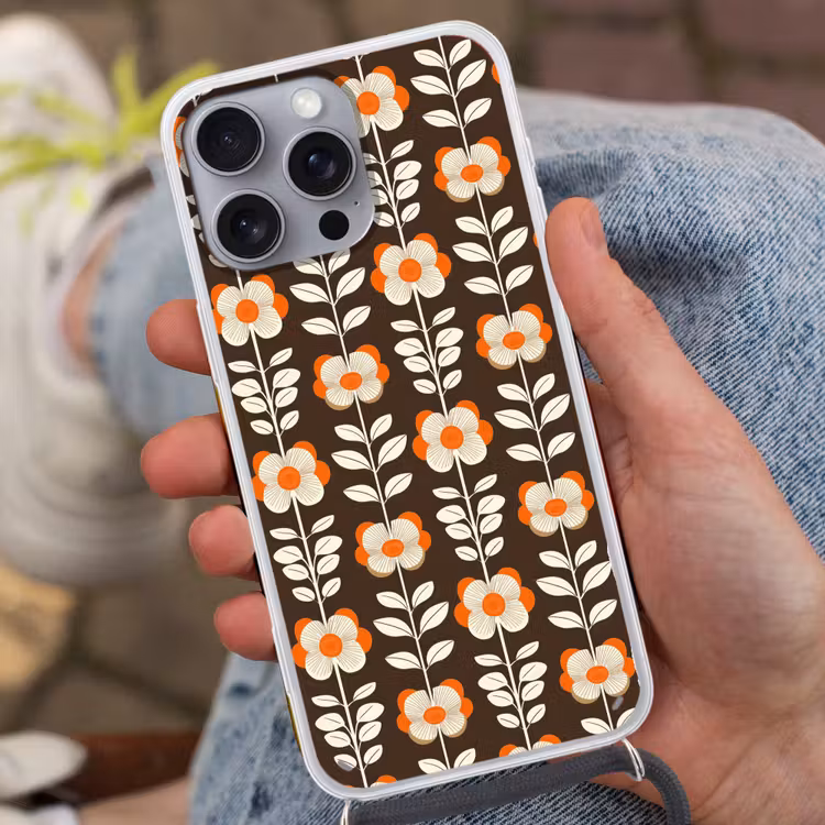 Bloemen - Retro - Bruin Hoesje iPhone 16 Pro Max met koord klein 804 -sfeer3