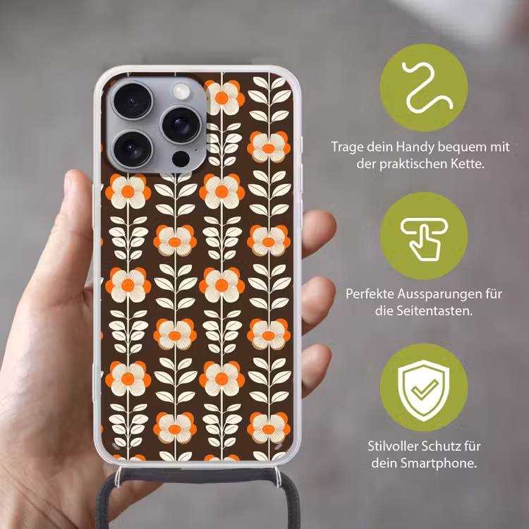 Bloemen - Retro - Bruin Hoesje iPhone 16 Pro Max met koord klein 804 -sfeer2_DE