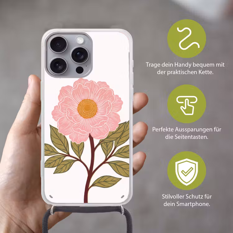 Handyhülle mit Band - Blumen – Rosa – Illustration - Bloemen - Roze - Illustratie Hoesje iPhone 16 Pro Max met koord klein